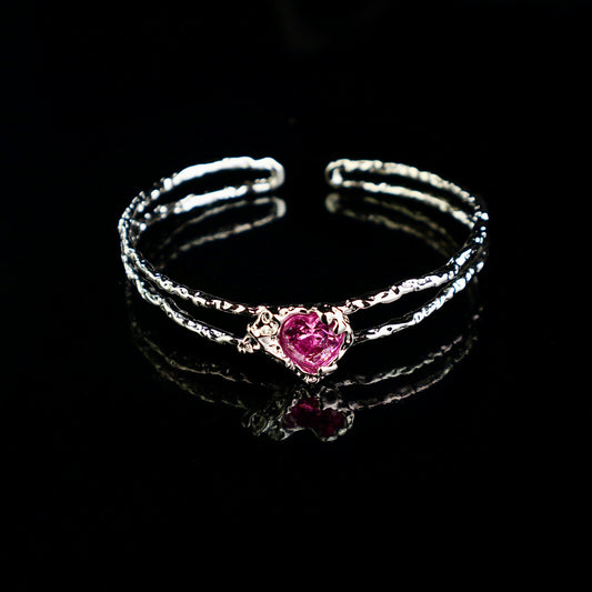 Pink Heart Gemstone Cuff Bracelet