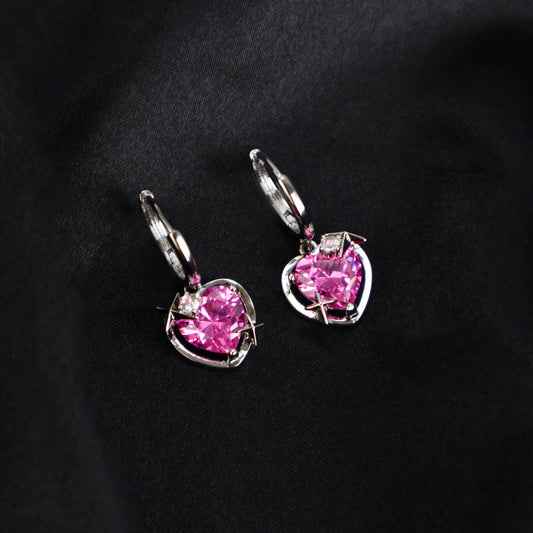 Pink Diamond Heart Hoop Earrings
