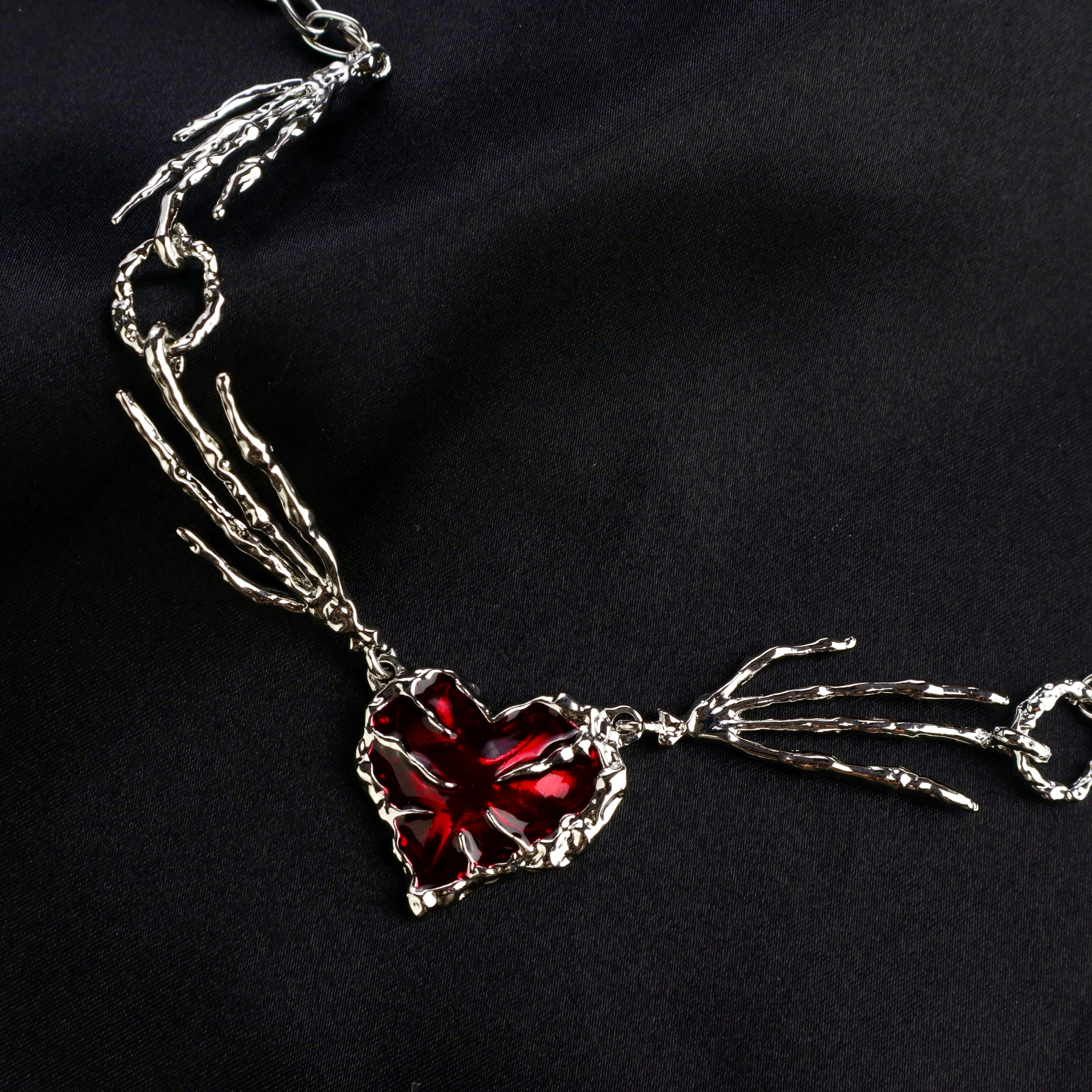 Gothic Ghost Claw Red Heart Necklace Irregular Dark Love Chain Necklace
